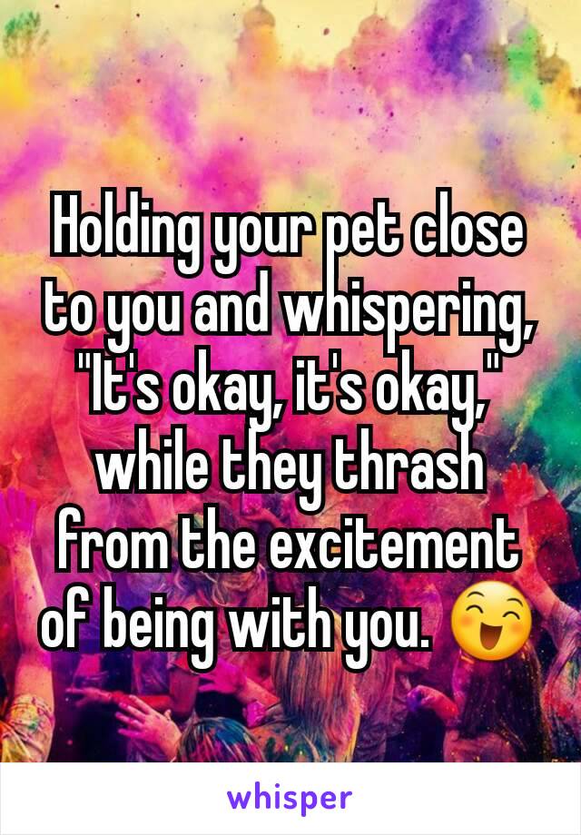 Holding your pet close to you and whispering, "It's okay, it's okay," while they thrash from the excitement of being with you. 😄