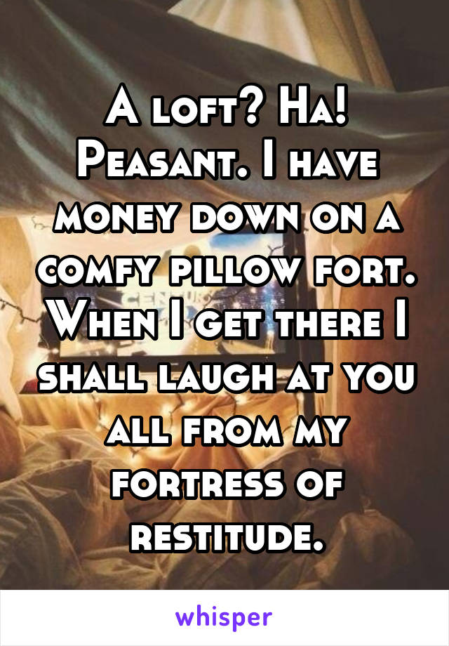 A loft? Ha! Peasant. I have money down on a comfy pillow fort. When I get there I shall laugh at you all from my fortress of restitude.