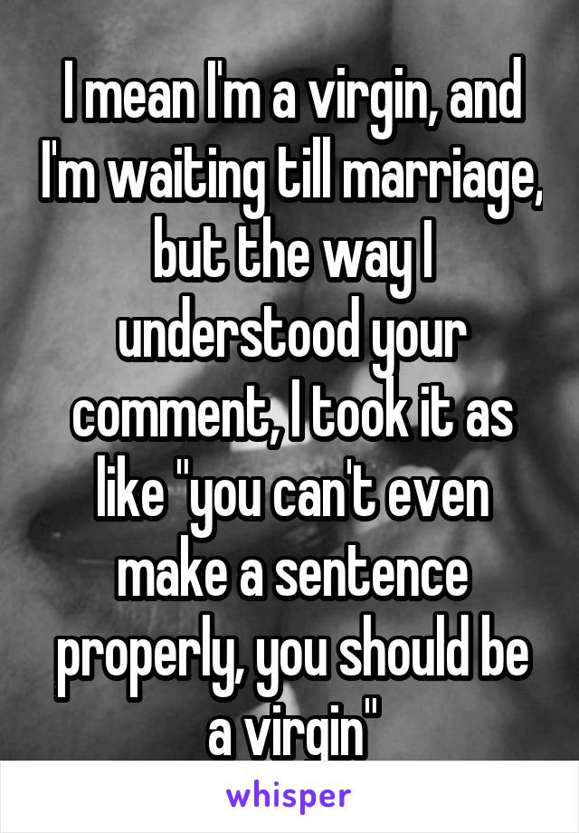 I mean I'm a virgin, and I'm waiting till marriage, but the way I understood your comment, I took it as like "you can't even make a sentence properly, you should be a virgin"