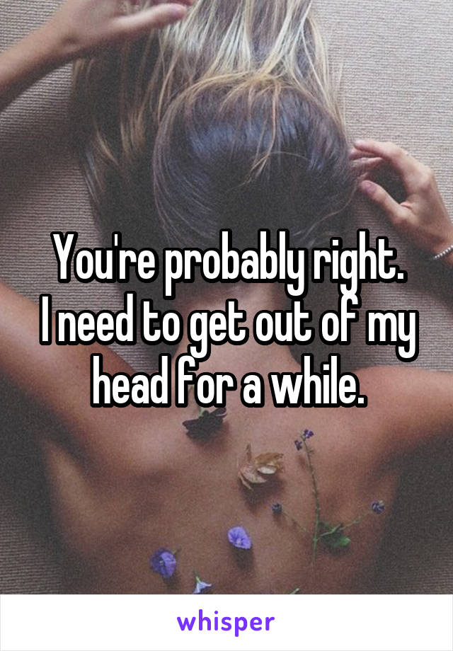 You're probably right.
I need to get out of my head for a while.