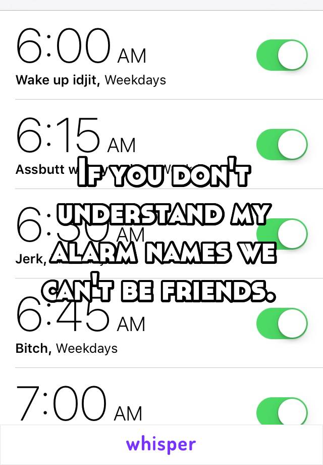 If you don't understand my alarm names we can't be friends. 