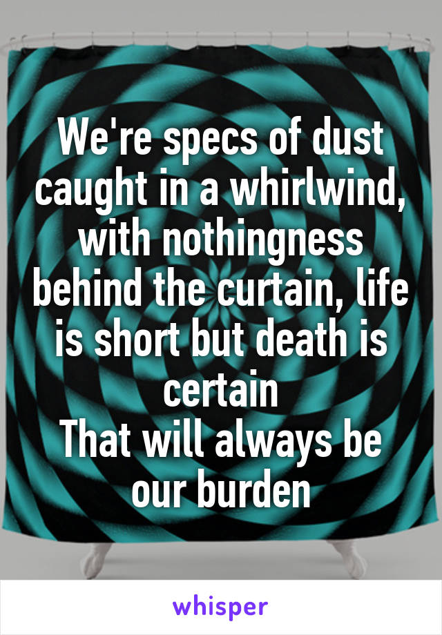 We're specs of dust caught in a whirlwind, with nothingness behind the curtain, life is short but death is certain
That will always be our burden