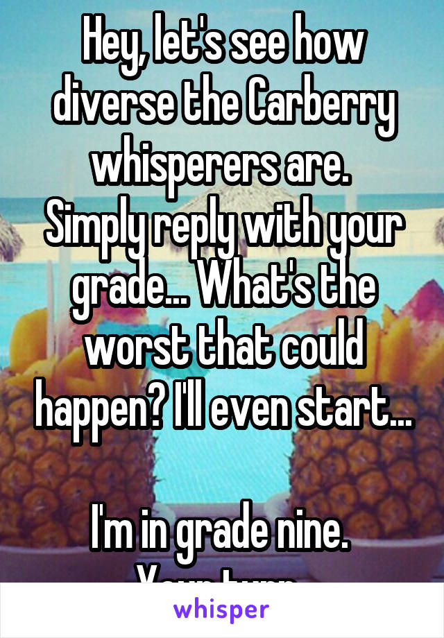 Hey, let's see how diverse the Carberry whisperers are. 
Simply reply with your grade... What's the worst that could happen? I'll even start...

I'm in grade nine. 
Your turn. 