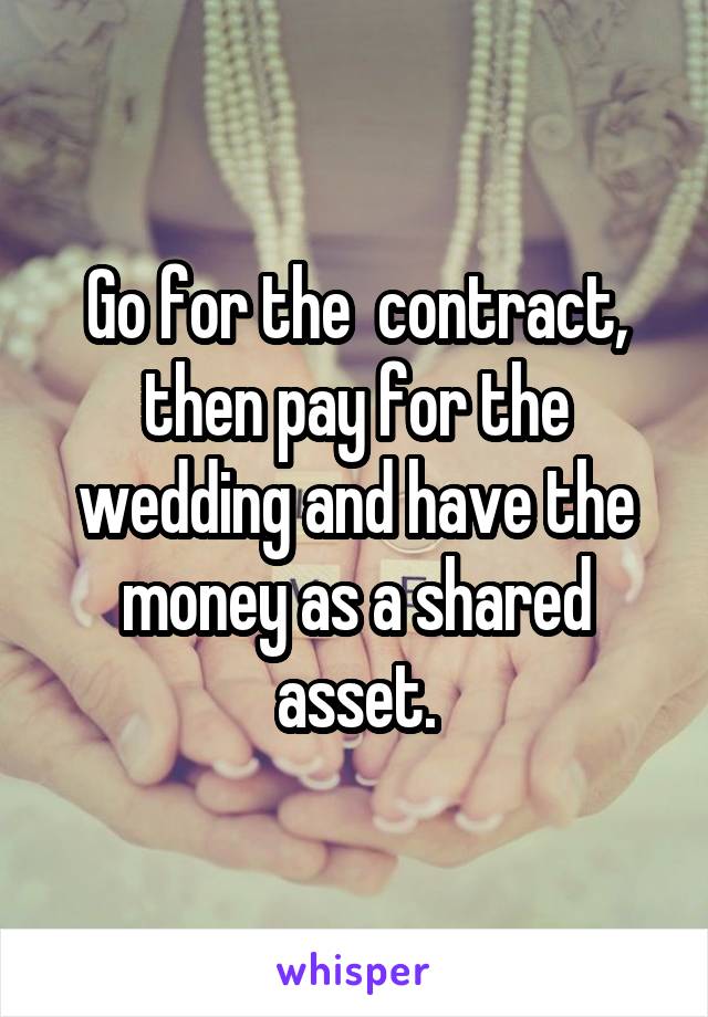 Go for the  contract, then pay for the wedding and have the money as a shared asset.