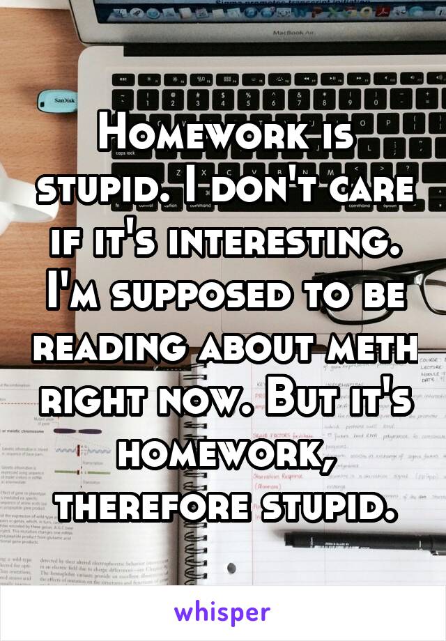 Homework is stupid. I don't care if it's interesting. I'm supposed to be reading about meth right now. But it's homework, therefore stupid.