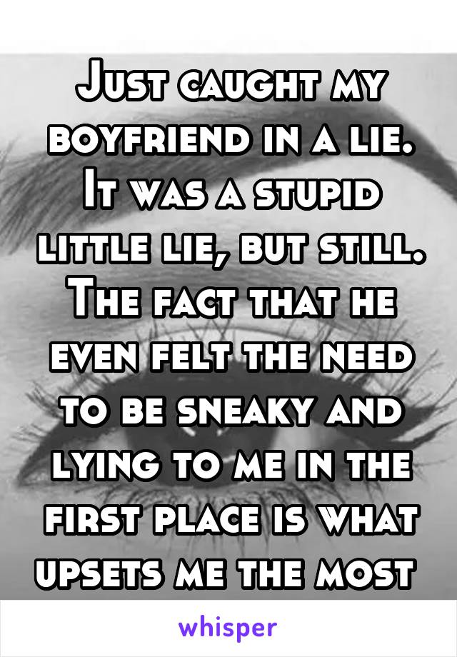 Just caught my boyfriend in a lie. It was a stupid little lie, but still. The fact that he even felt the need to be sneaky and lying to me in the first place is what upsets me the most 