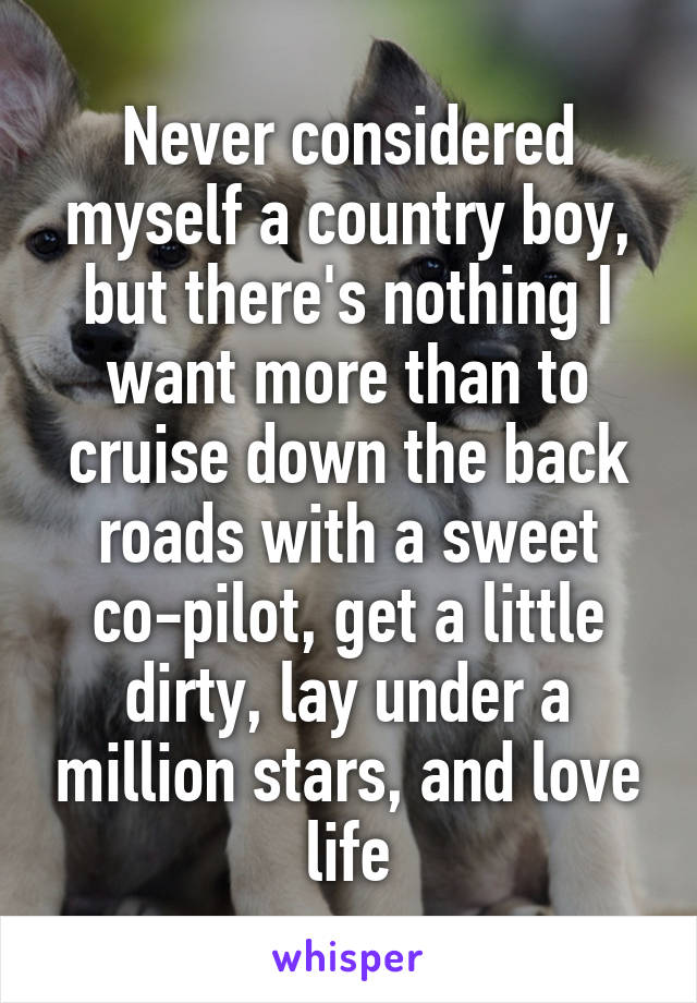 Never considered myself a country boy, but there's nothing I want more than to cruise down the back roads with a sweet co-pilot, get a little dirty, lay under a million stars, and love life