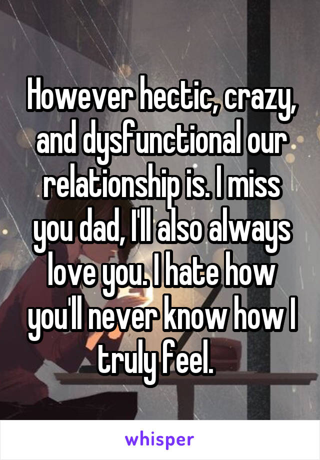 However hectic, crazy, and dysfunctional our relationship is. I miss you dad, I'll also always love you. I hate how you'll never know how I truly feel.  