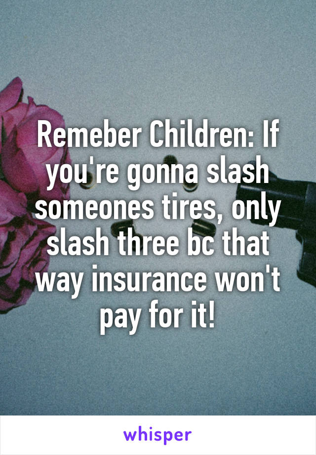 Remeber Children: If you're gonna slash someones tires, only slash three bc that way insurance won't pay for it!