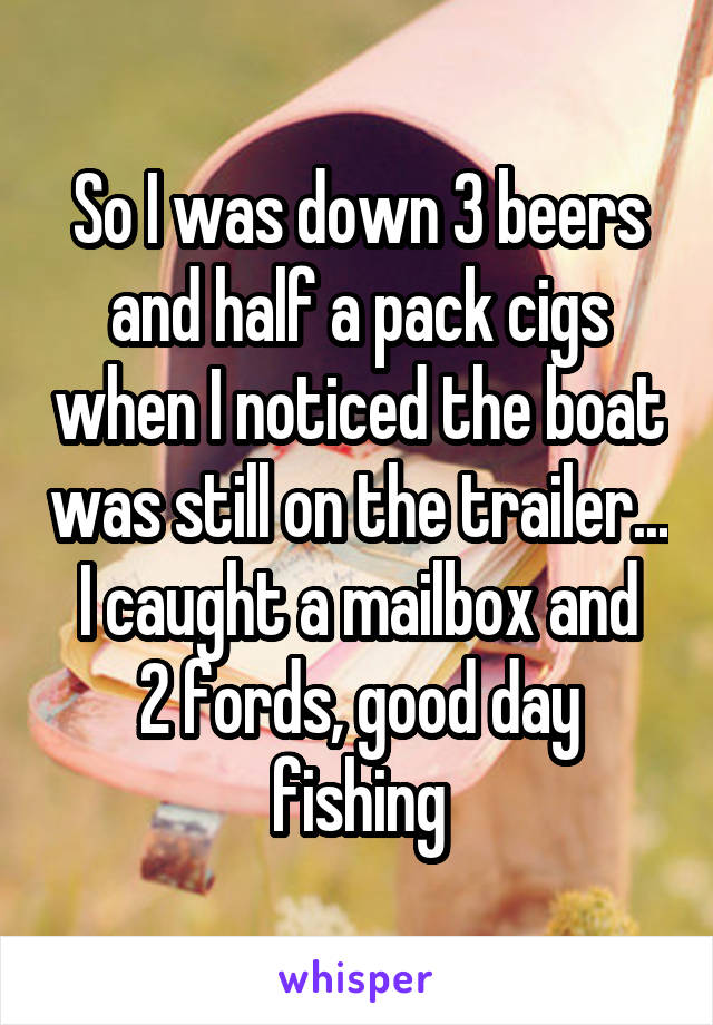 So I was down 3 beers and half a pack cigs when I noticed the boat was still on the trailer...
I caught a mailbox and 2 fords, good day fishing