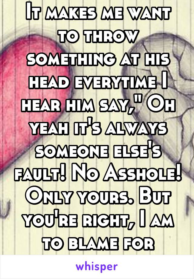 It makes me want to throw something at his head everytime I hear him say," Oh yeah it's always someone else's fault! No Asshole! Only yours. But you're right, I am to blame for staying. 