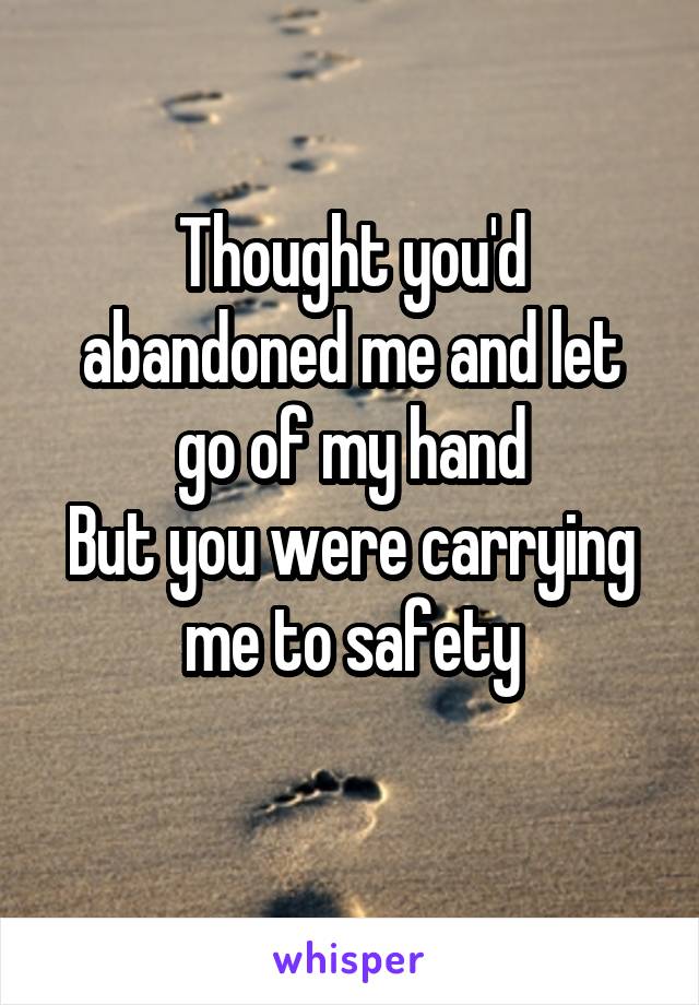 Thought you'd abandoned me and let go of my hand
But you were carrying me to safety
