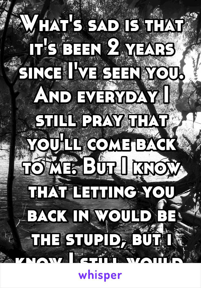 What's sad is that it's been 2 years since I've seen you. And everyday I still pray that you'll come back to me. But I know that letting you back in would be the stupid, but i know I still would.