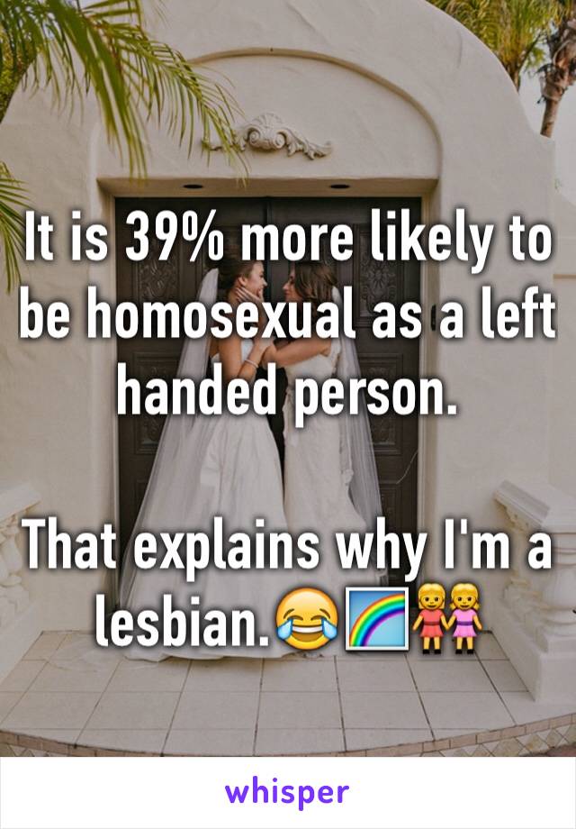 It is 39% more likely to be homosexual as a left handed person. 

That explains why I'm a lesbian.😂🌈👭