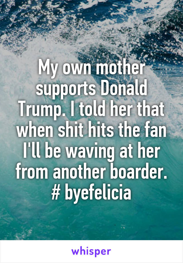 My own mother supports Donald Trump. I told her that when shit hits the fan I'll be waving at her from another boarder.
# byefelicia