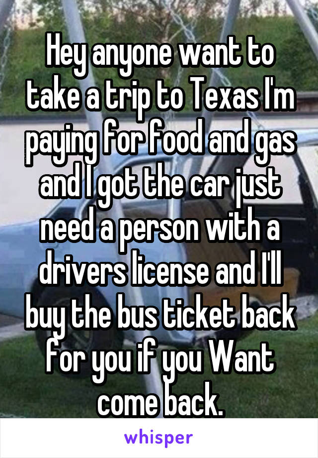 Hey anyone want to take a trip to Texas I'm paying for food and gas and I got the car just need a person with a drivers license and I'll buy the bus ticket back for you if you Want come back.