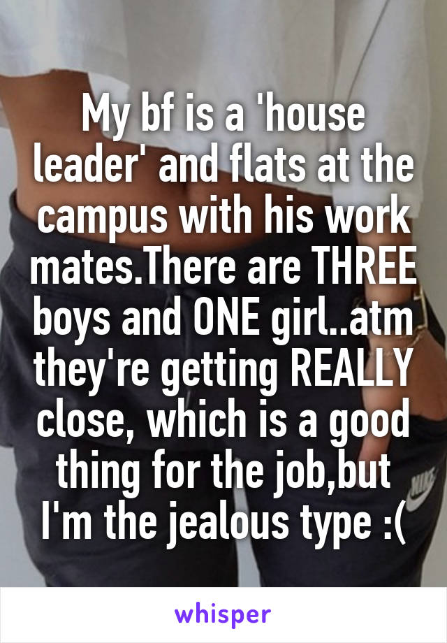 My bf is a 'house leader' and flats at the campus with his work mates.There are THREE boys and ONE girl..atm they're getting REALLY close, which is a good thing for the job,but I'm the jealous type :(