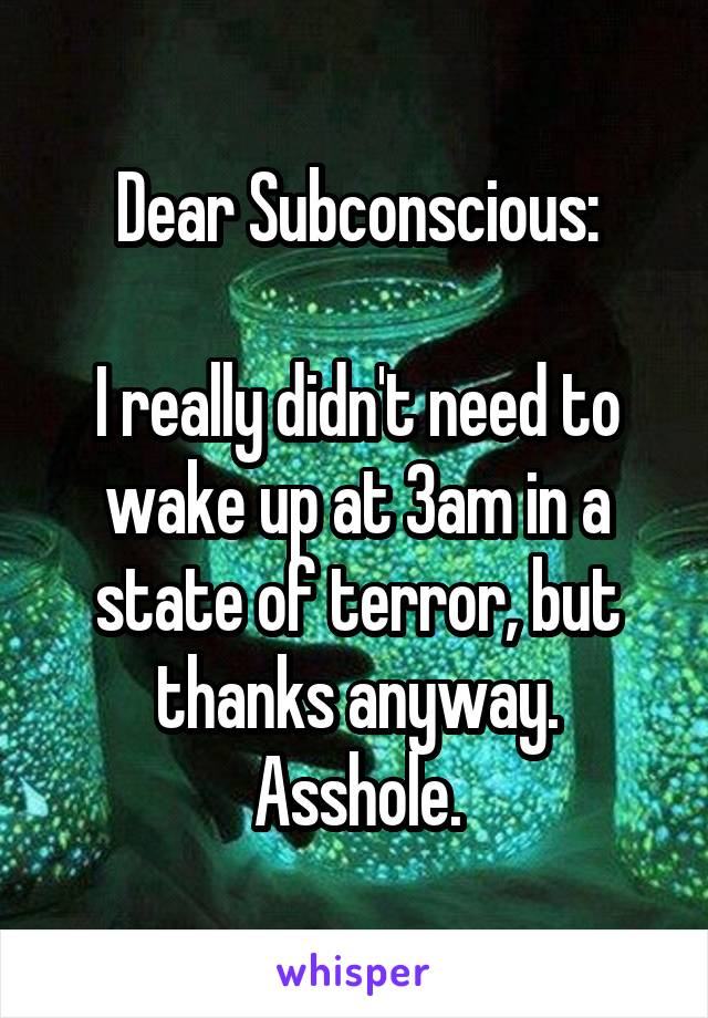 Dear Subconscious:

I really didn't need to wake up at 3am in a state of terror, but thanks anyway. Asshole.