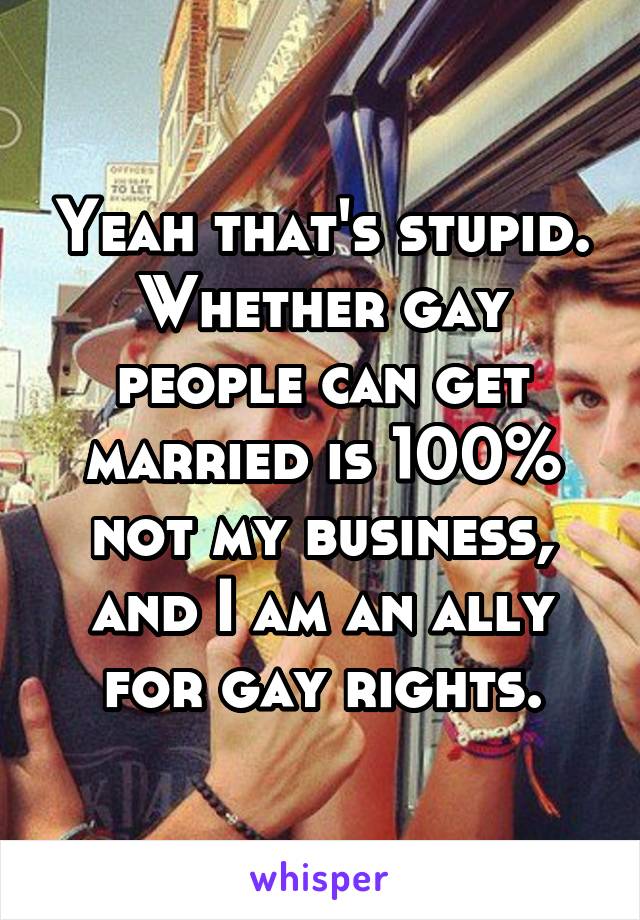 Yeah that's stupid. Whether gay people can get married is 100% not my business, and I am an ally for gay rights.