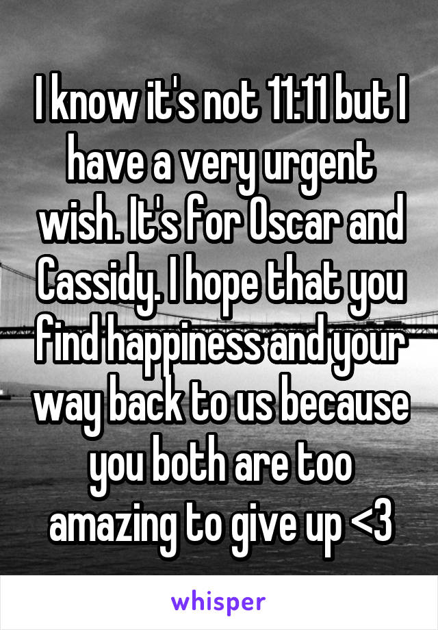 I know it's not 11:11 but I have a very urgent wish. It's for Oscar and Cassidy. I hope that you find happiness and your way back to us because you both are too amazing to give up <3