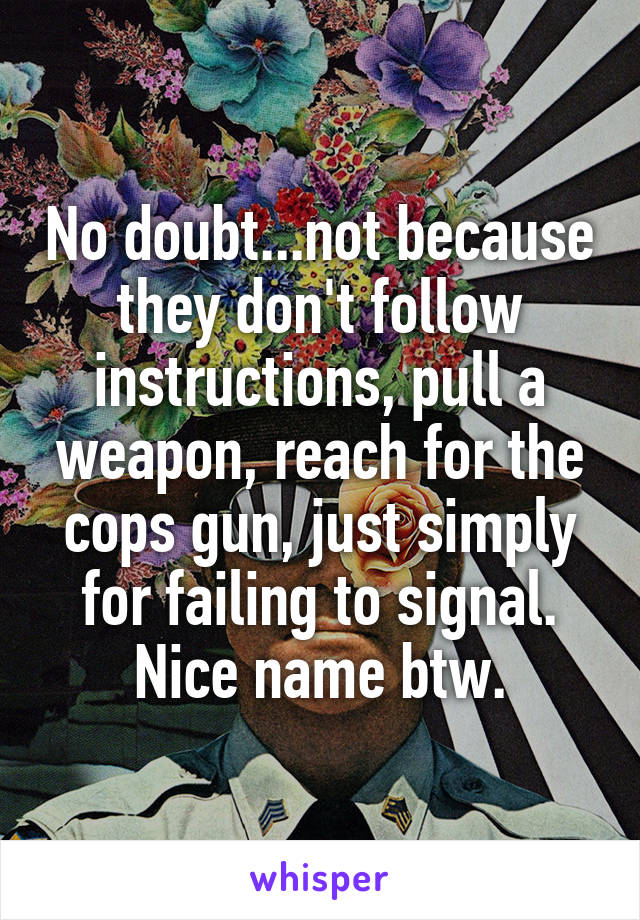 No doubt...not because they don't follow instructions, pull a weapon, reach for the cops gun, just simply for failing to signal.
Nice name btw.