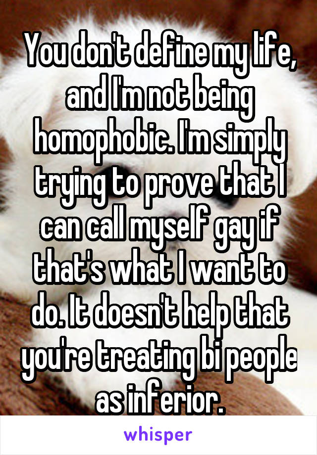 You don't define my life, and I'm not being homophobic. I'm simply trying to prove that I can call myself gay if that's what I want to do. It doesn't help that you're treating bi people as inferior.