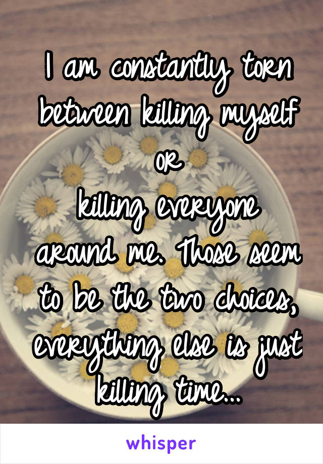 I am constantly torn between killing myself or
killing everyone around me. Those seem to be the two choices, everything else is just killing time...