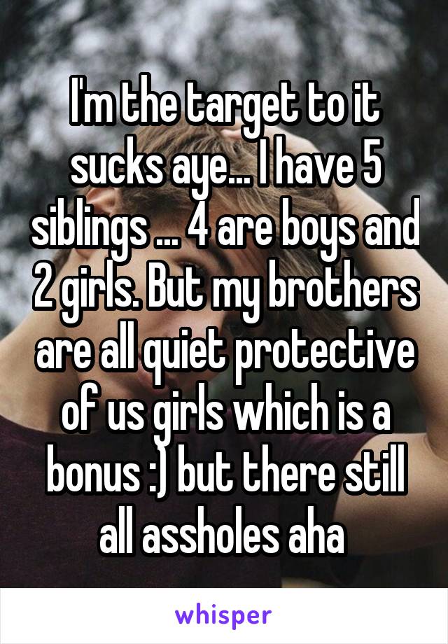 I'm the target to it sucks aye... I have 5 siblings ... 4 are boys and 2 girls. But my brothers are all quiet protective of us girls which is a bonus :) but there still all assholes aha 