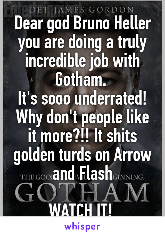 Dear god Bruno Heller you are doing a truly incredible job with Gotham. 
It's sooo underrated! Why don't people like it more?!! It shits golden turds on Arrow and Flash

WATCH IT! 