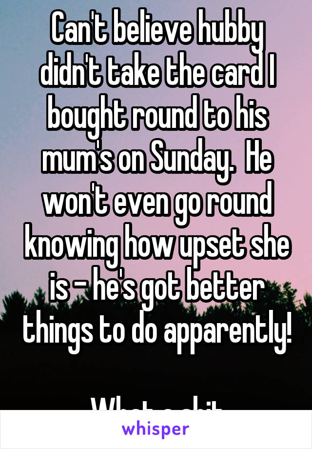 Can't believe hubby didn't take the card I bought round to his mum's on Sunday.  He won't even go round knowing how upset she is - he's got better things to do apparently! 
What a shit