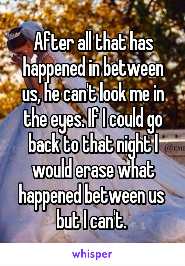 After all that has happened in between us, he can't look me in the eyes. If I could go back to that night I would erase what happened between us  but I can't. 