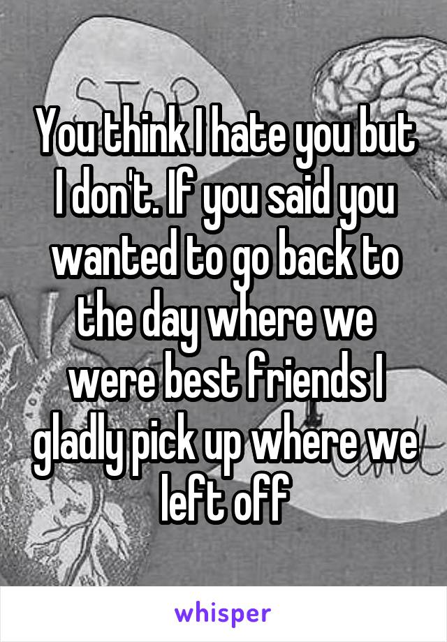 You think I hate you but I don't. If you said you wanted to go back to the day where we were best friends I gladly pick up where we left off