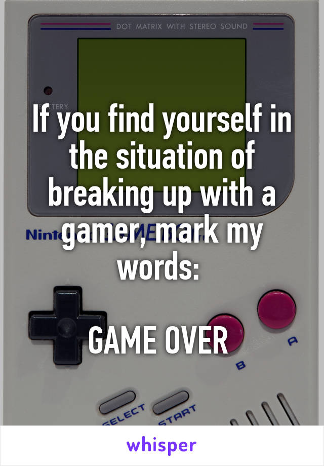 If you find yourself in the situation of breaking up with a gamer, mark my words: 

GAME OVER 