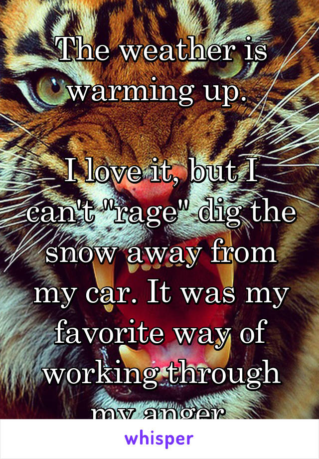 The weather is warming up. 

I love it, but I can't "rage" dig the snow away from my car. It was my favorite way of working through my anger.