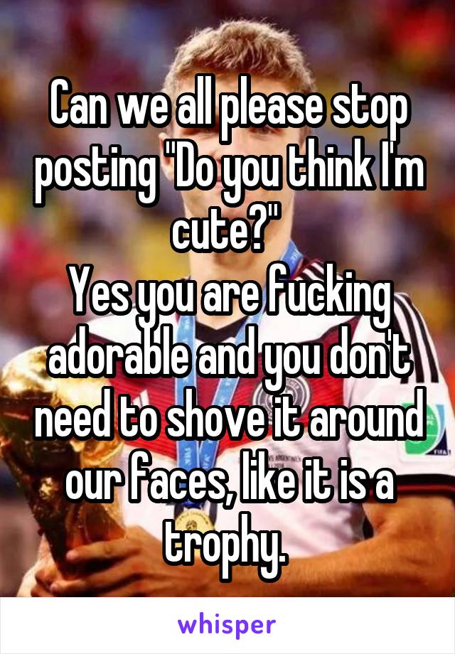 Can we all please stop posting "Do you think I'm cute?" 
Yes you are fucking adorable and you don't need to shove it around our faces, like it is a trophy. 