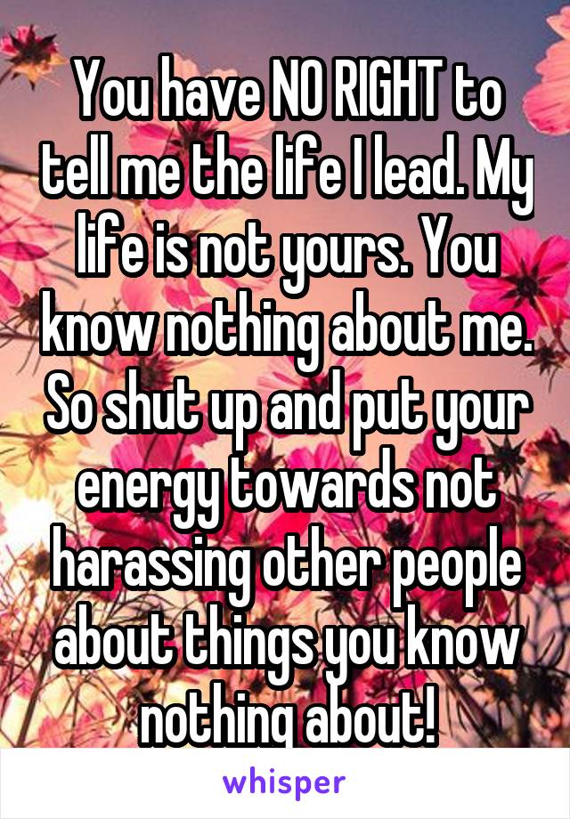 You have NO RIGHT to tell me the life I lead. My life is not yours. You know nothing about me. So shut up and put your energy towards not harassing other people about things you know nothing about!