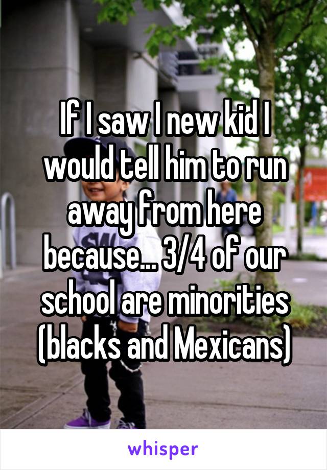 If I saw I new kid I would tell him to run away from here because... 3/4 of our school are minorities (blacks and Mexicans)