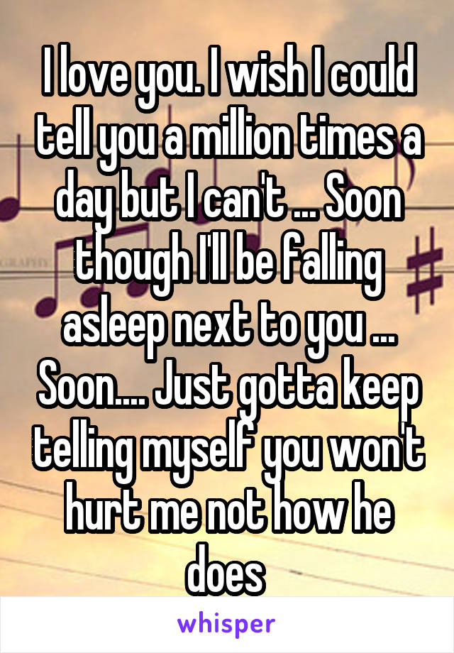 I love you. I wish I could tell you a million times a day but I can't ... Soon though I'll be falling asleep next to you ... Soon.... Just gotta keep telling myself you won't hurt me not how he does 