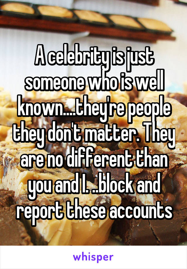 A celebrity is just someone who is well known....they're people they don't matter. They are no different than you and I. ..block and report these accounts