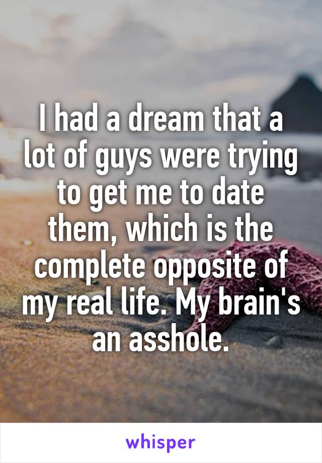 I had a dream that a lot of guys were trying to get me to date them, which is the complete opposite of my real life. My brain's an asshole.