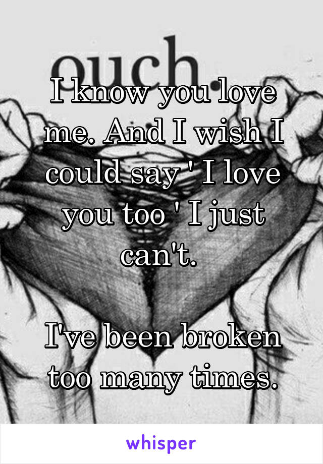 I know you love me. And I wish I could say ' I love you too ' I just can't. 

I've been broken too many times.