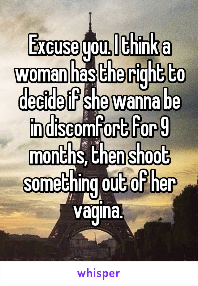 Excuse you. I think a woman has the right to decide if she wanna be in discomfort for 9 months, then shoot something out of her vagina. 
