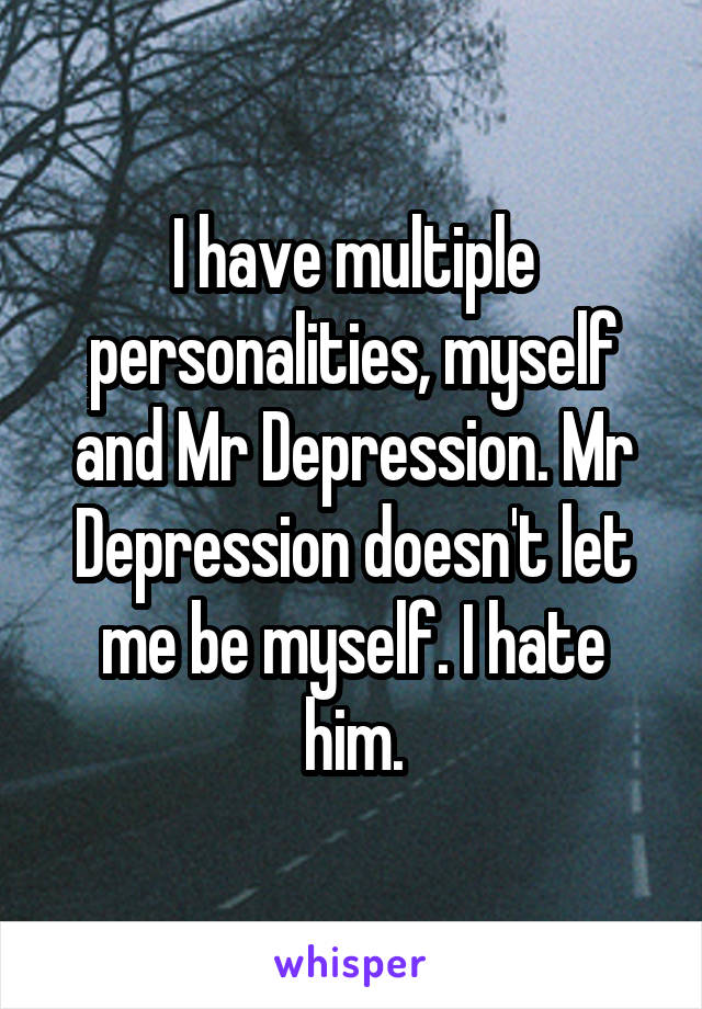 I have multiple personalities, myself and Mr Depression. Mr Depression doesn't let me be myself. I hate him.