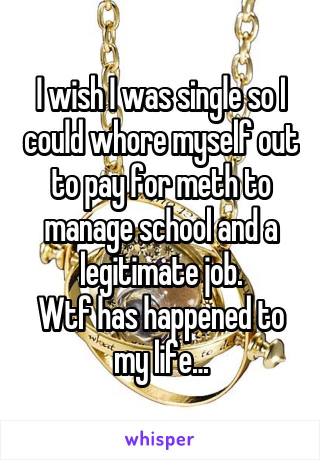 I wish I was single so I could whore myself out to pay for meth to manage school and a legitimate job.
Wtf has happened to my life...