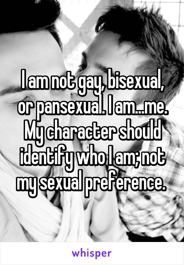 I am not gay, bisexual, or pansexual. I am...me. My character should identify who I am; not my sexual preference. 