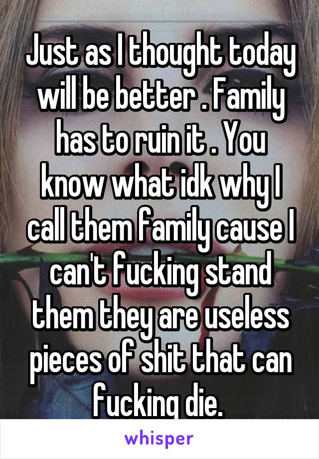 Just as I thought today will be better . Family has to ruin it . You know what idk why I call them family cause I can't fucking stand them they are useless pieces of shit that can fucking die. 