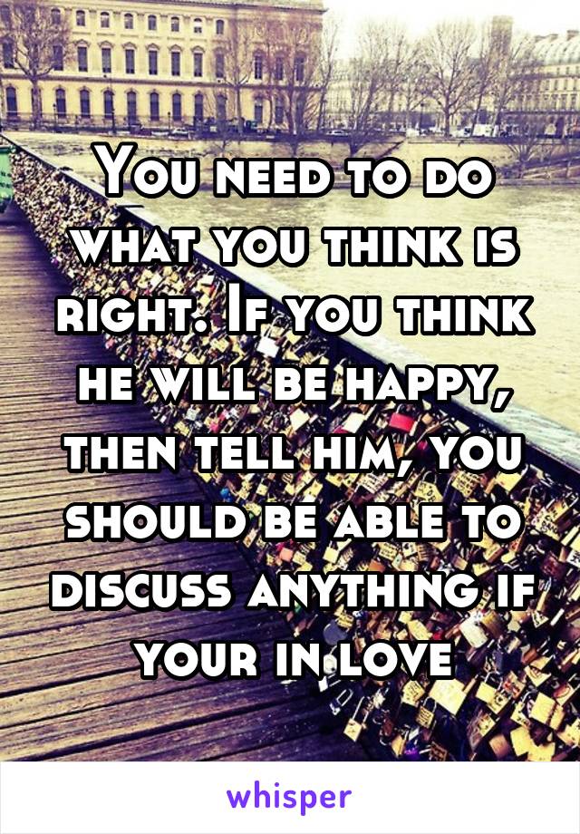 You need to do what you think is right. If you think he will be happy, then tell him, you should be able to discuss anything if your in love