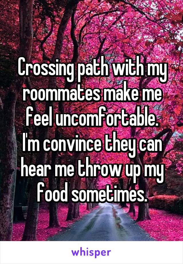 Crossing path with my roommates make me feel uncomfortable.
I'm convince they can hear me throw up my food sometimes.