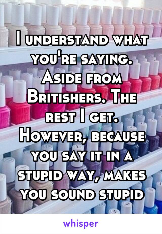 I understand what you're saying. Aside from Britishers. The rest I get. However, because you say it in a stupid way, makes you sound stupid