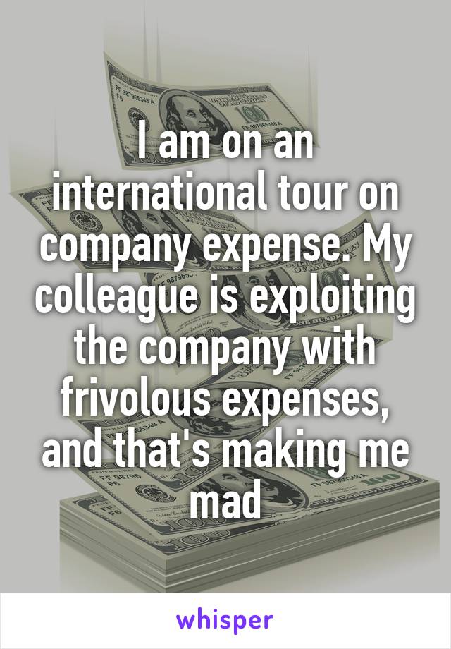 I am on an international tour on company expense. My colleague is exploiting the company with frivolous expenses, and that's making me mad